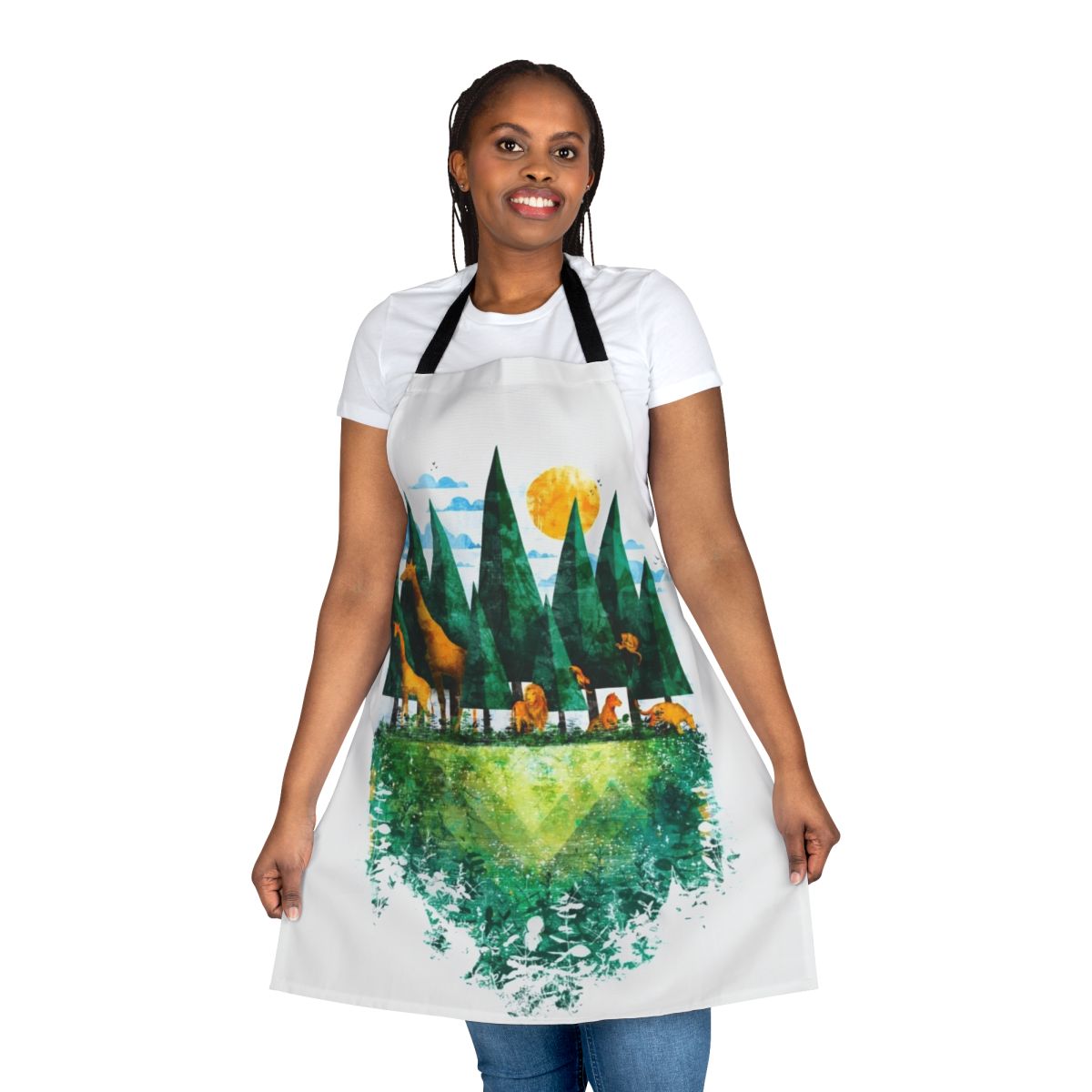 Colorful apron featuring a graphic print of a forest landscape with animals and birds