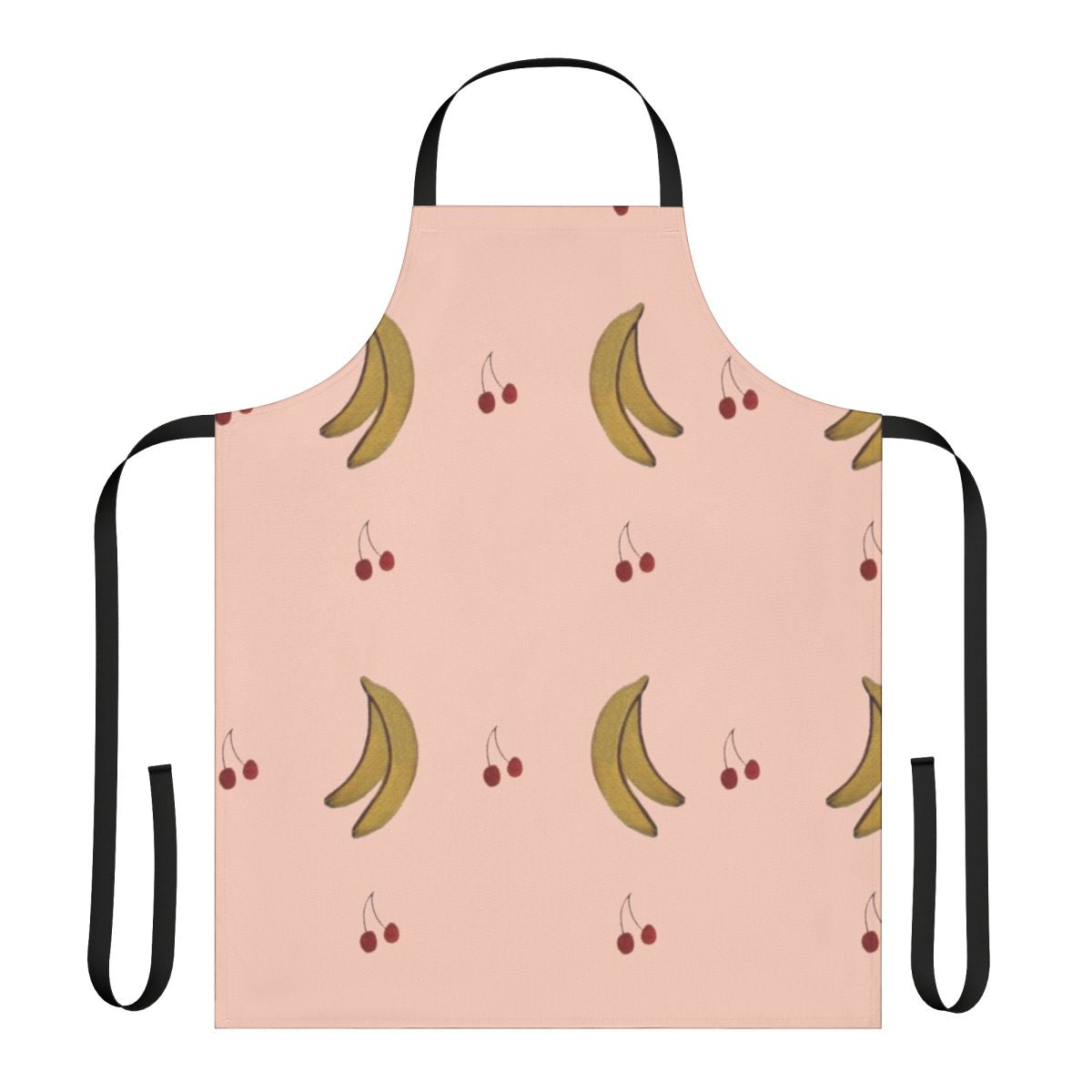 A pink apron with a cherry and banana pattern, perfect for the kitchen