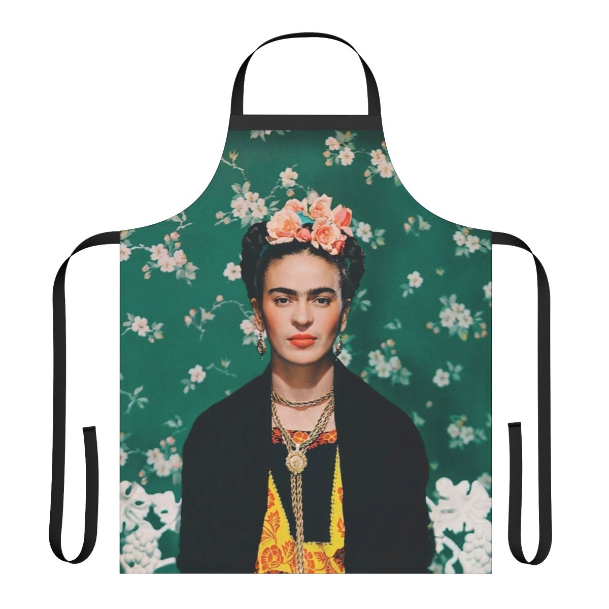 Colorful apron featuring a portrait of iconic Mexican artist Frida Kahlo