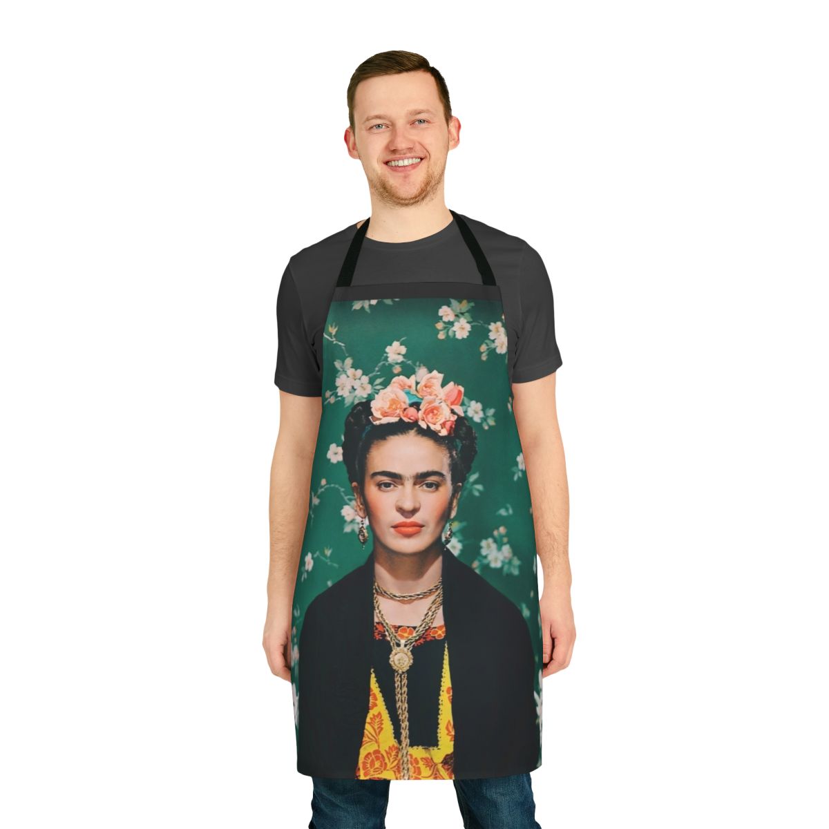 Colorful apron featuring a portrait of iconic Mexican artist Frida Kahlo