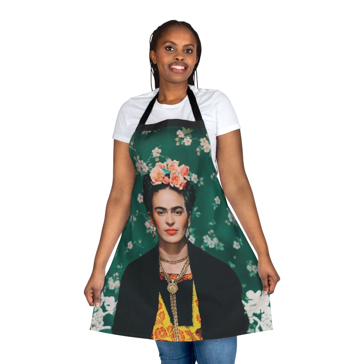 Colorful apron featuring a portrait of iconic Mexican artist Frida Kahlo