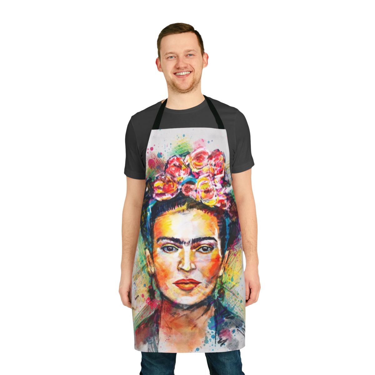 Colorful apron featuring a portrait of the iconic Mexican artist Frida Kahlo