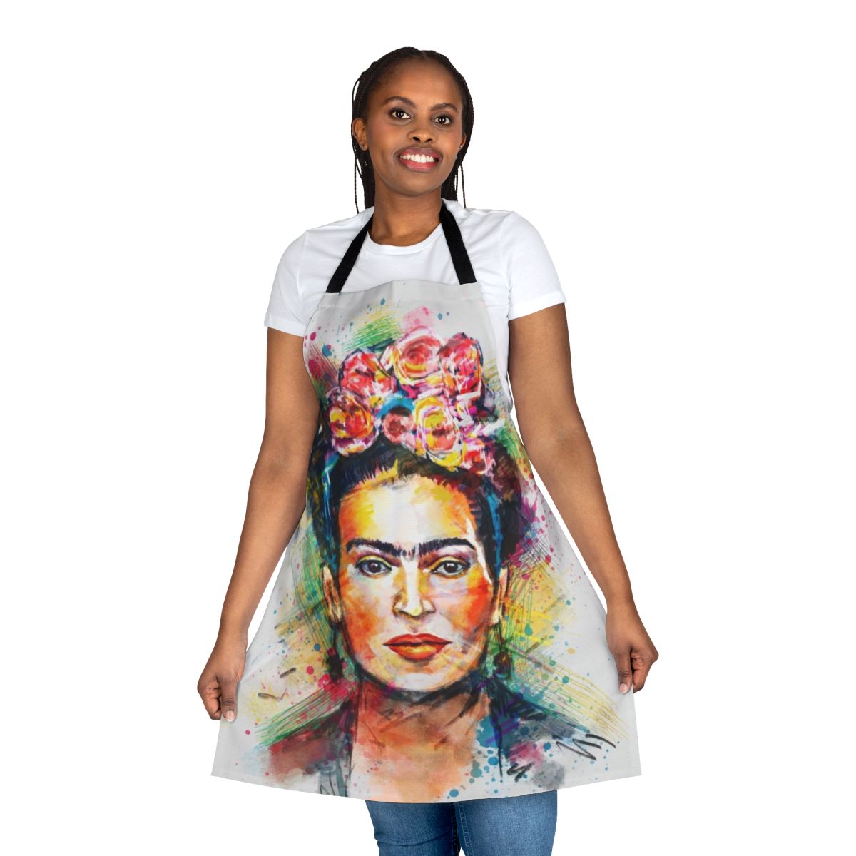 Colorful apron featuring a portrait of the iconic Mexican artist Frida Kahlo