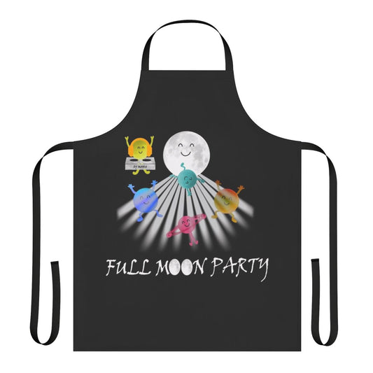 Colorful cartoon apron with full moon, planets, and dancing astronaut figures
