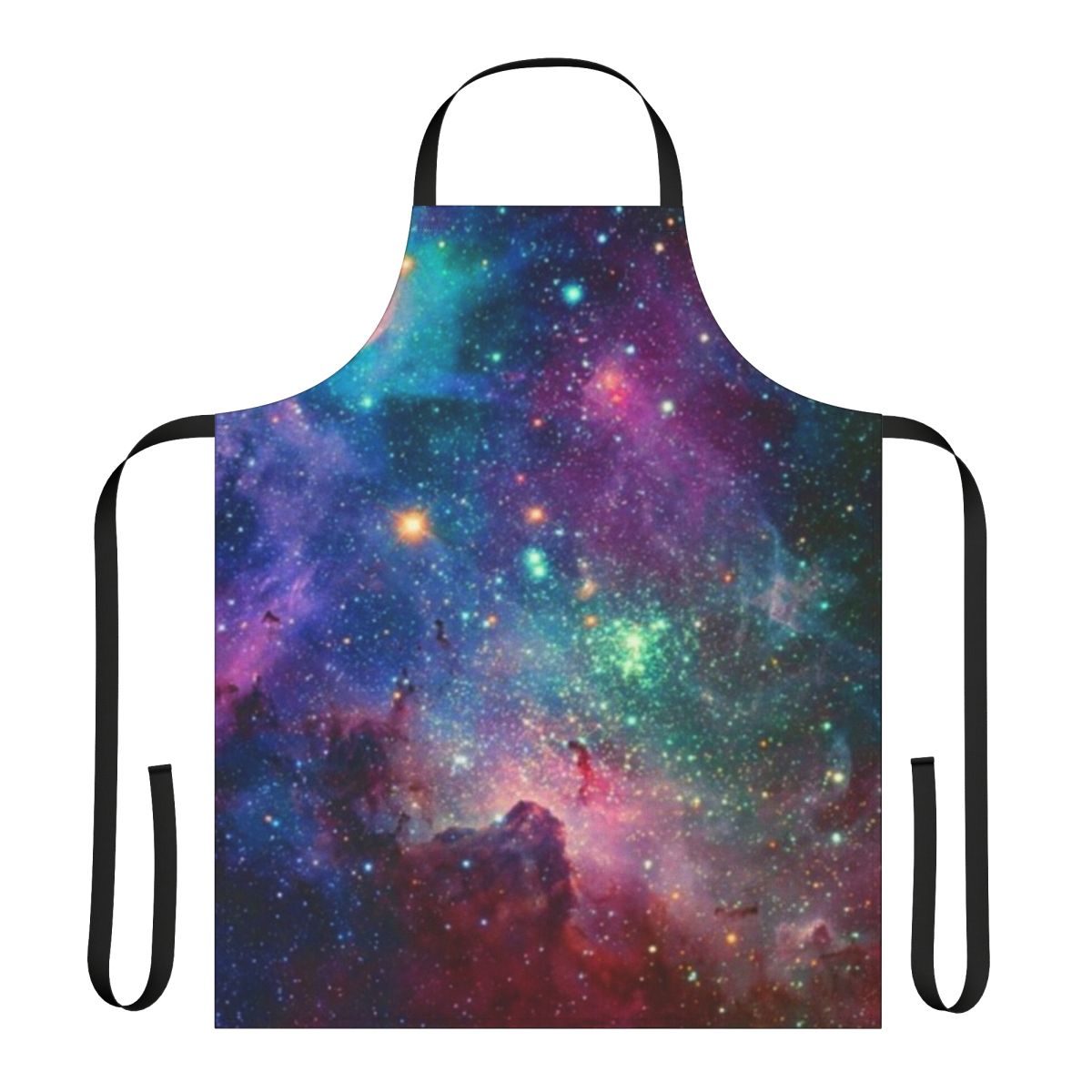 Colorful galaxy-themed apron featuring planets, stars, and cosmic elements