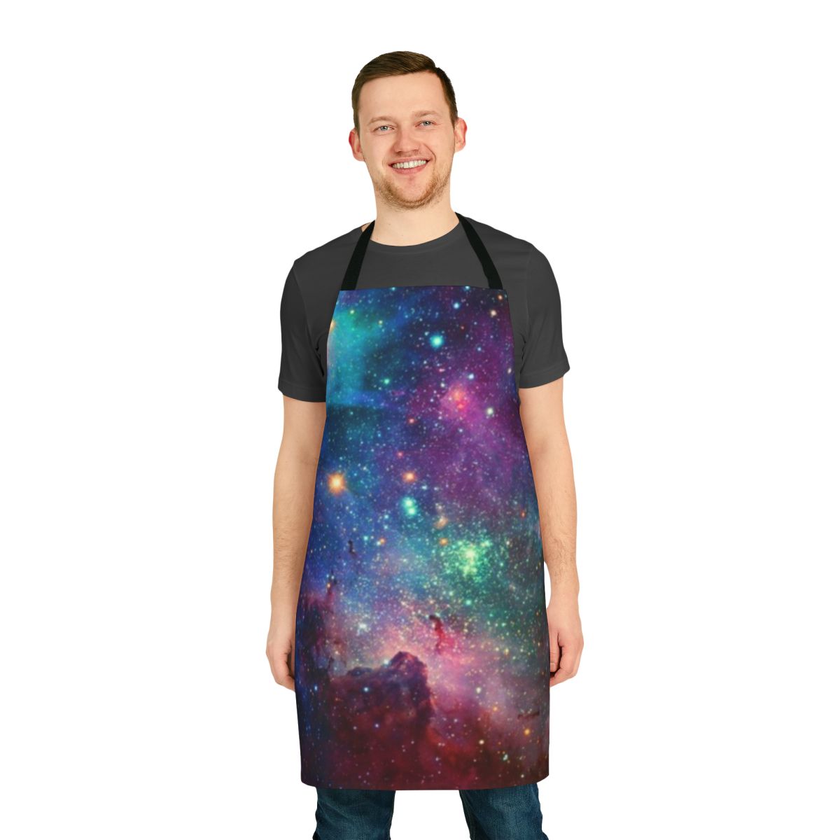 Colorful galaxy-themed apron featuring planets, stars, and cosmic elements