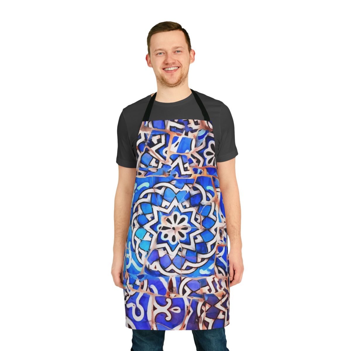 Colorful apron featuring a mosaic pattern inspired by the iconic architecture of Antoni Gaudi in Barcelona, Spain.