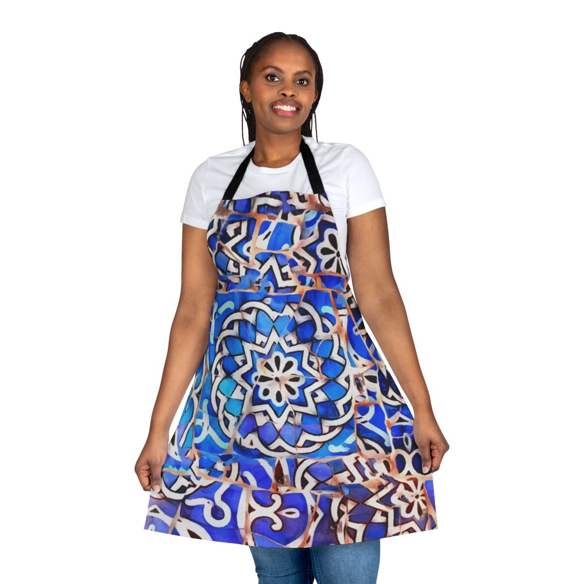 Colorful apron featuring a mosaic pattern inspired by the iconic architecture of Antoni Gaudi in Barcelona, Spain.