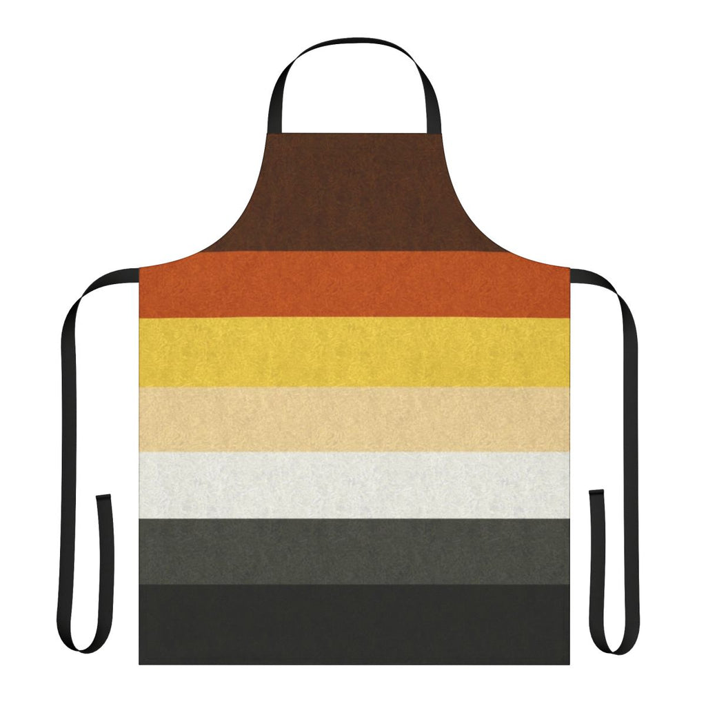 A colorful apron featuring the gay bear pride flag design.