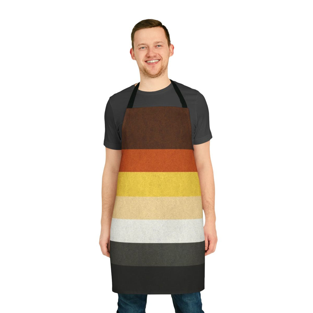 A colorful apron featuring the gay bear pride flag design.