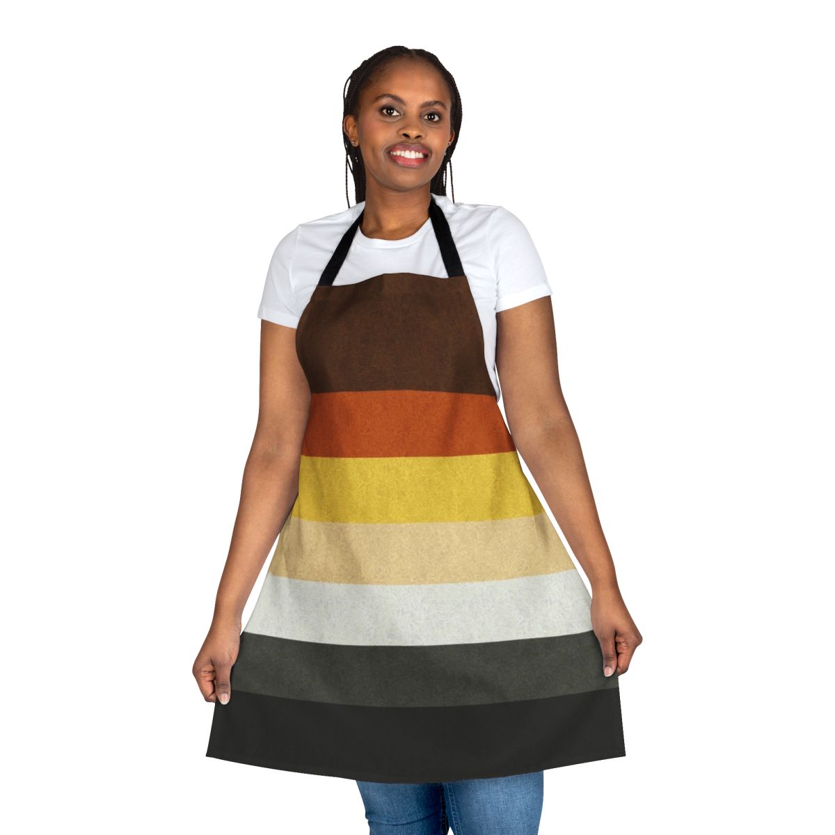 A colorful apron featuring the gay bear pride flag design.