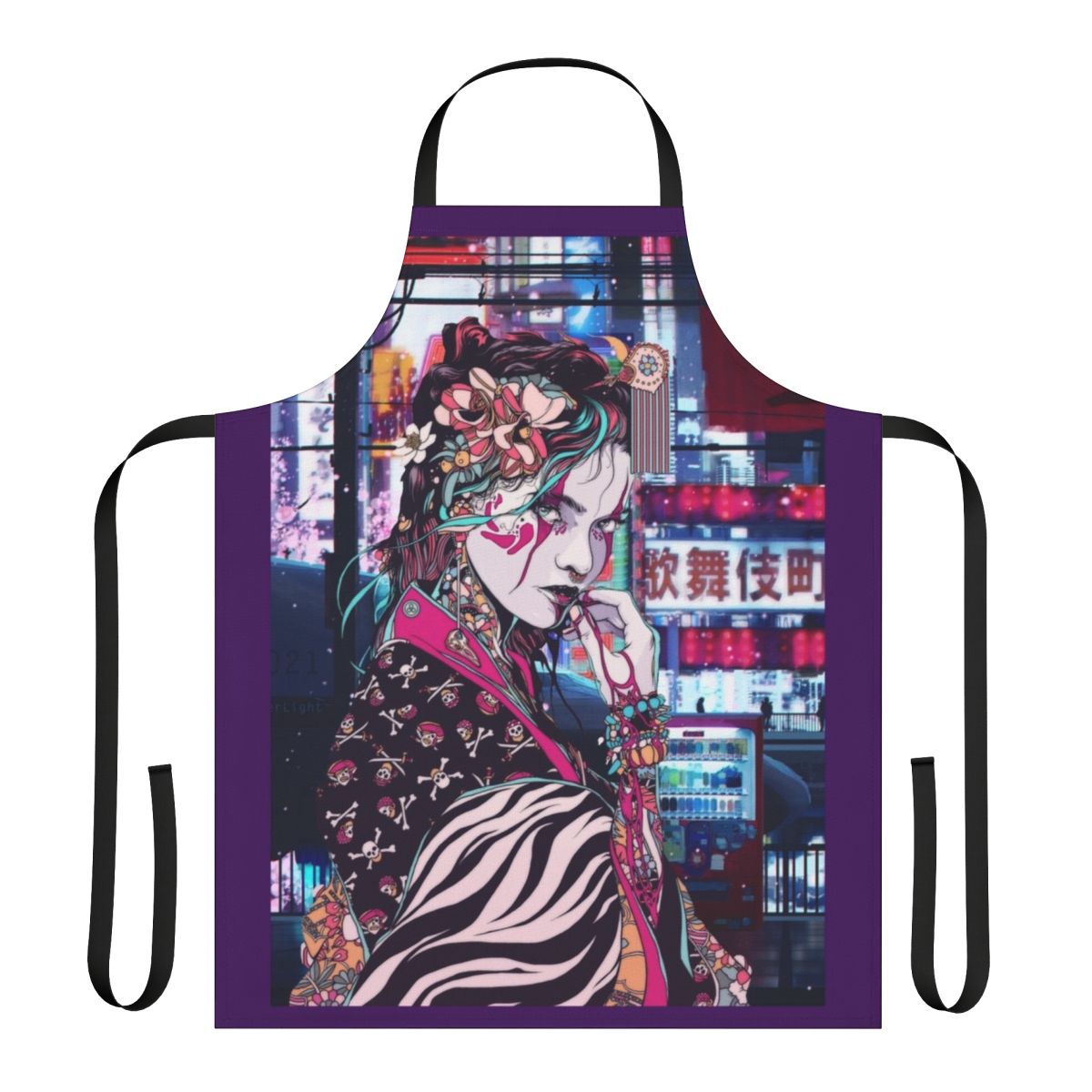 Colorful apron featuring a beautiful, charming geisha character in the streets of Tokyo.