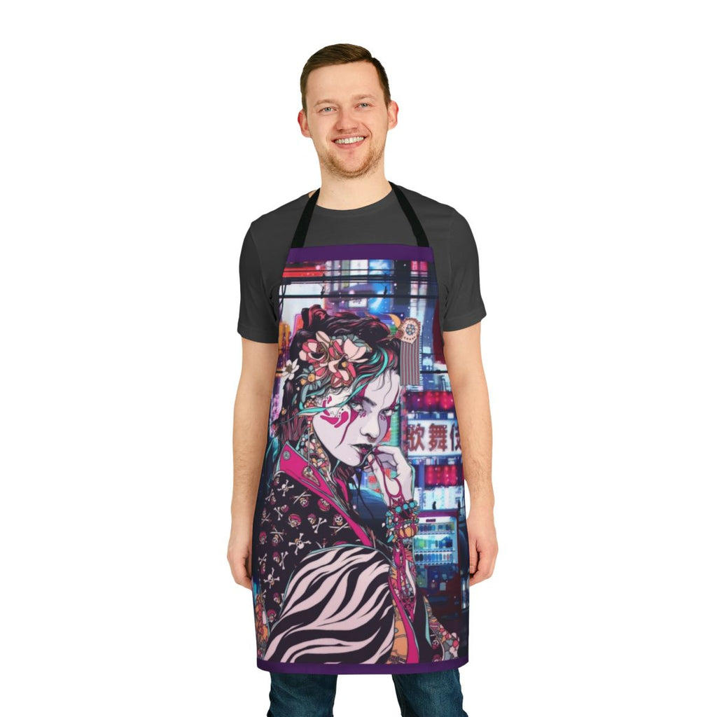 Colorful apron featuring a beautiful, charming geisha character in the streets of Tokyo.