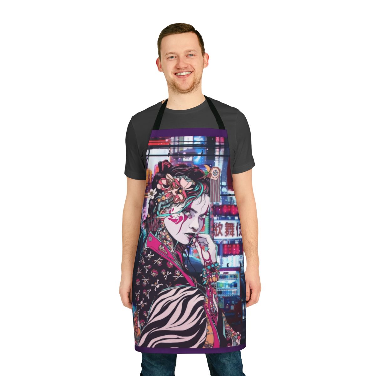 Colorful apron featuring a beautiful, charming geisha character in the streets of Tokyo.