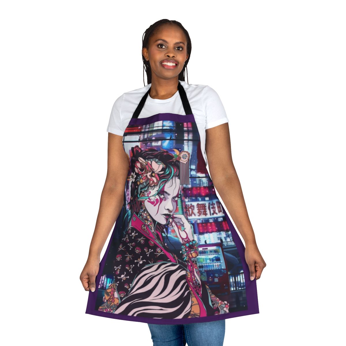 Colorful apron featuring a beautiful, charming geisha character in the streets of Tokyo.