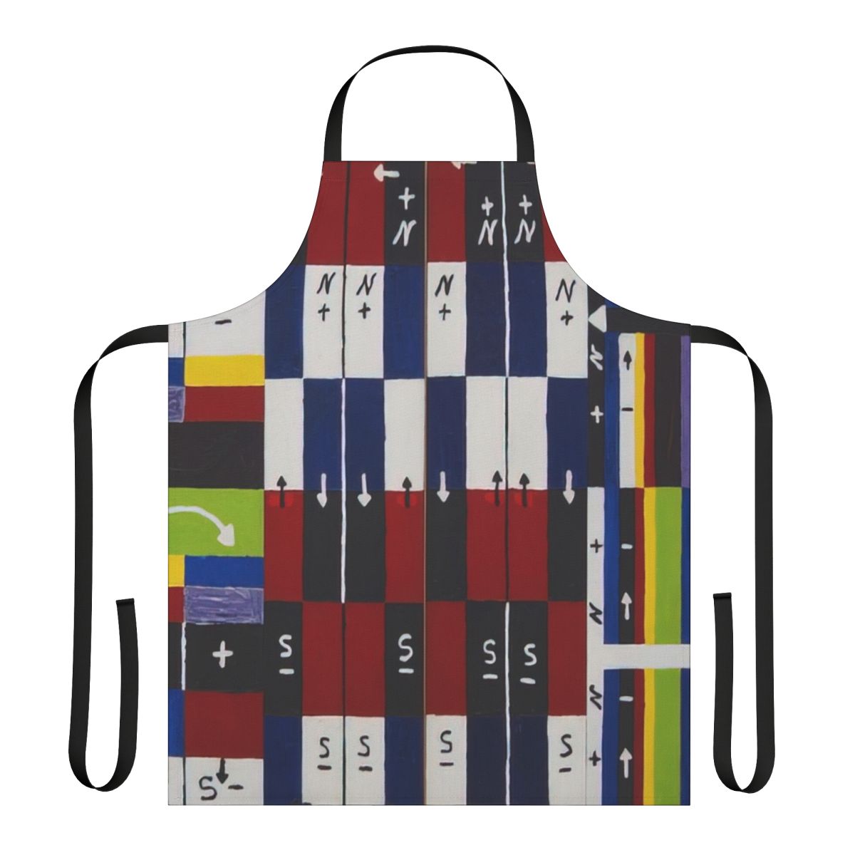 Colorful, abstract apron featuring spiritual geometry and multilayered cosmic patterns, inspired by the work of artist Alfred Jensen.