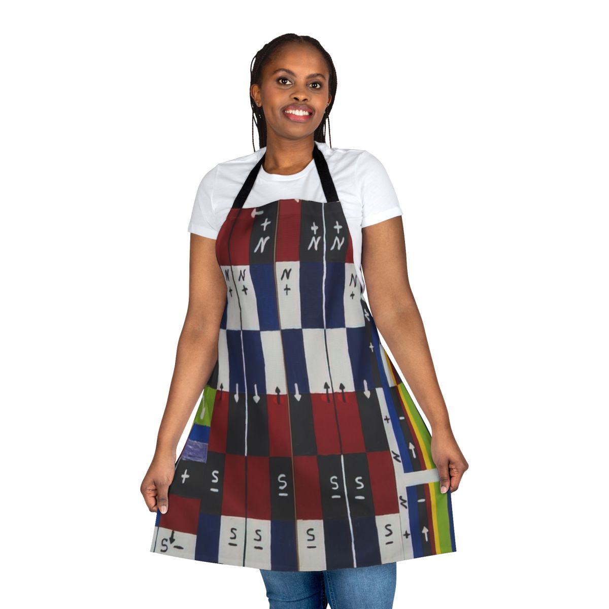 Colorful, abstract apron featuring spiritual geometry and multilayered cosmic patterns, inspired by the work of artist Alfred Jensen.