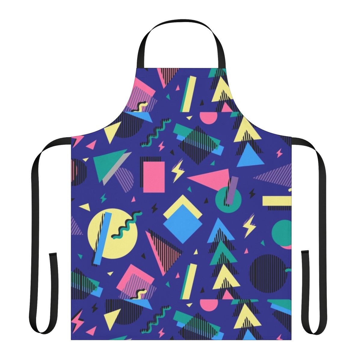 Colorful geometric pattern apron with abstract shapes and 90s inspired design