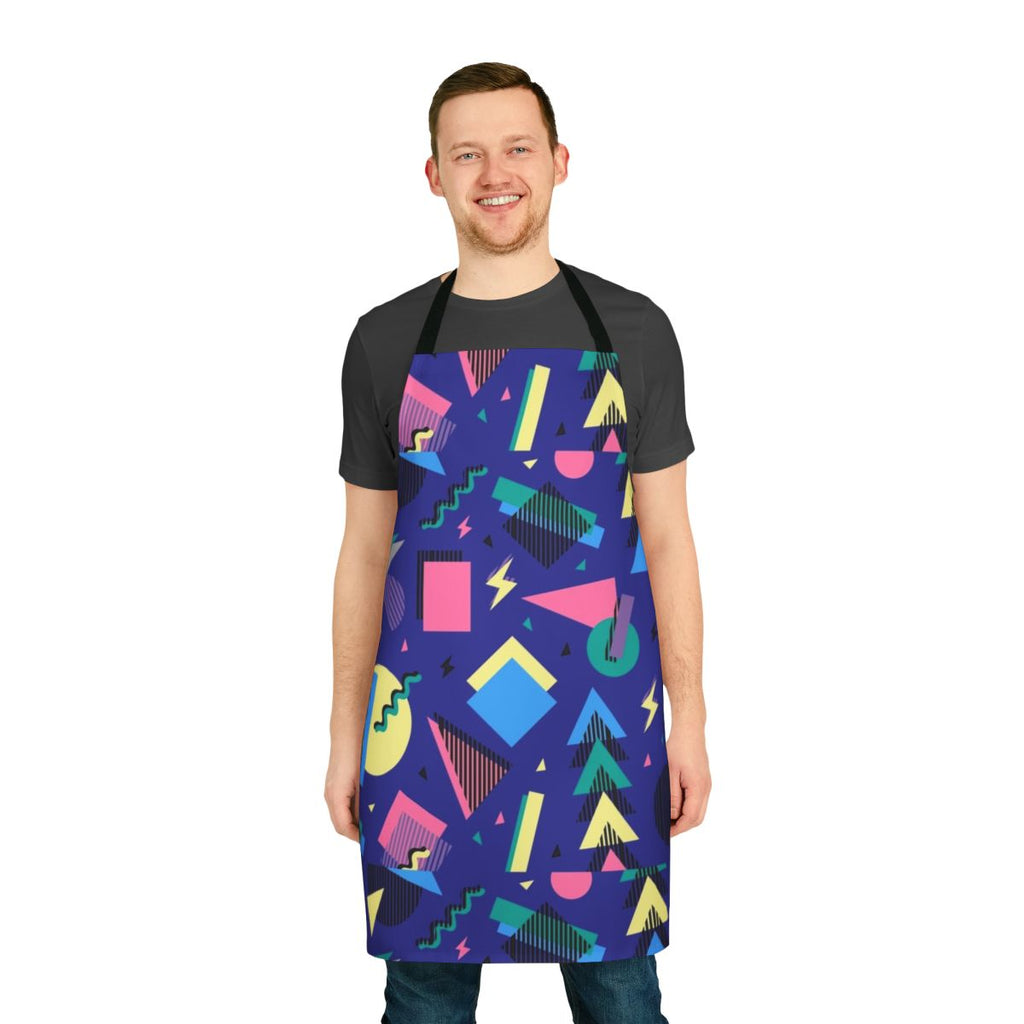 Colorful geometric pattern apron with abstract shapes and 90s inspired design