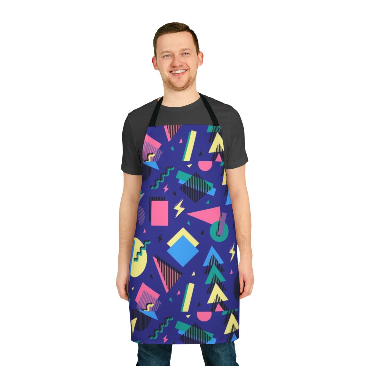 Colorful geometric pattern apron with abstract shapes and 90s inspired design