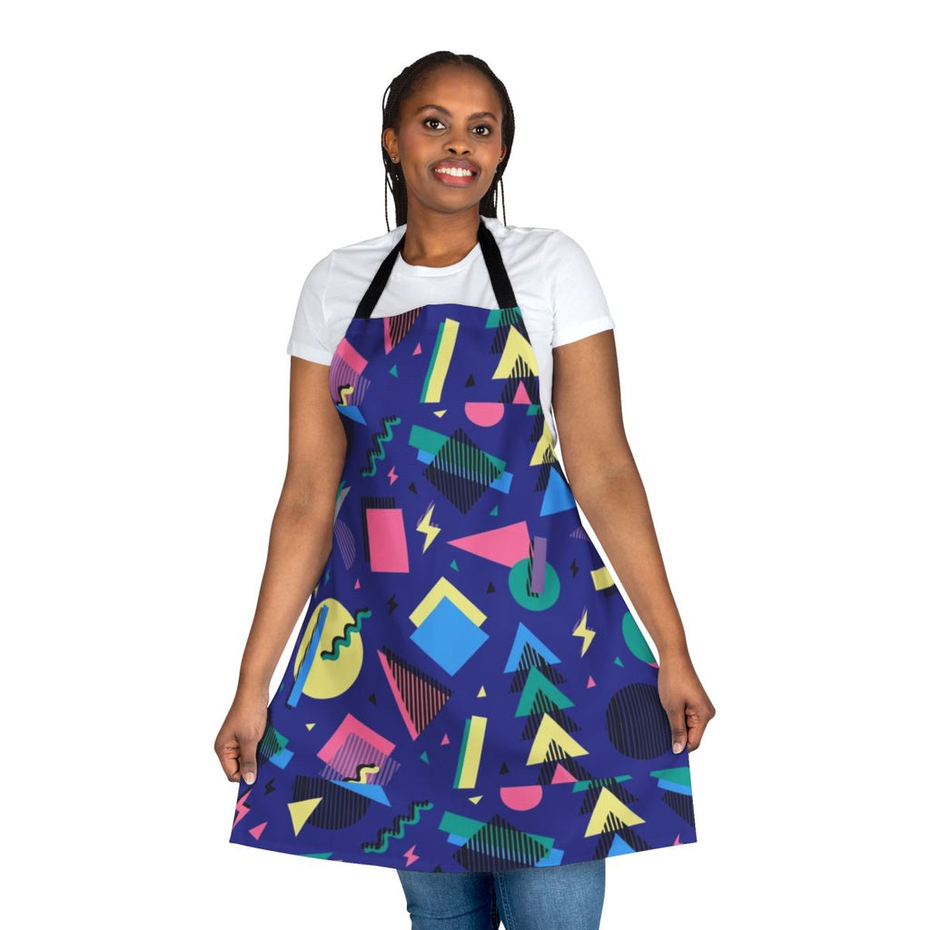 Colorful geometric pattern apron with abstract shapes and 90s inspired design