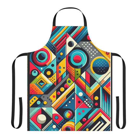 Colorful abstract geometric pattern art kitchen apron with triangles, circles, and squares in a bright, artistic style