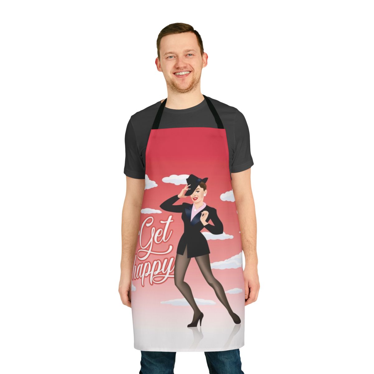 Colorful apron design featuring the iconic "Get Happy" musical number from Judy Garland's legendary Hollywood career