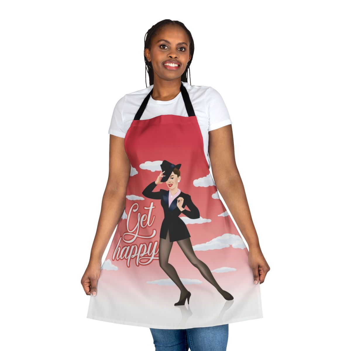 Colorful apron design featuring the iconic "Get Happy" musical number from Judy Garland's legendary Hollywood career