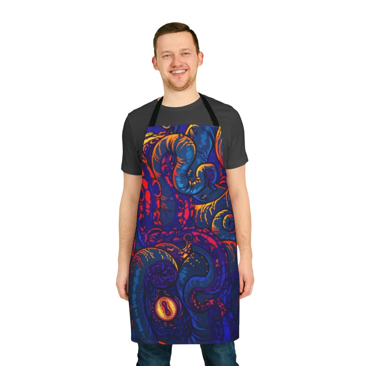 Colorful apron featuring a detailed illustration of a giant squid or kraken with tentacles