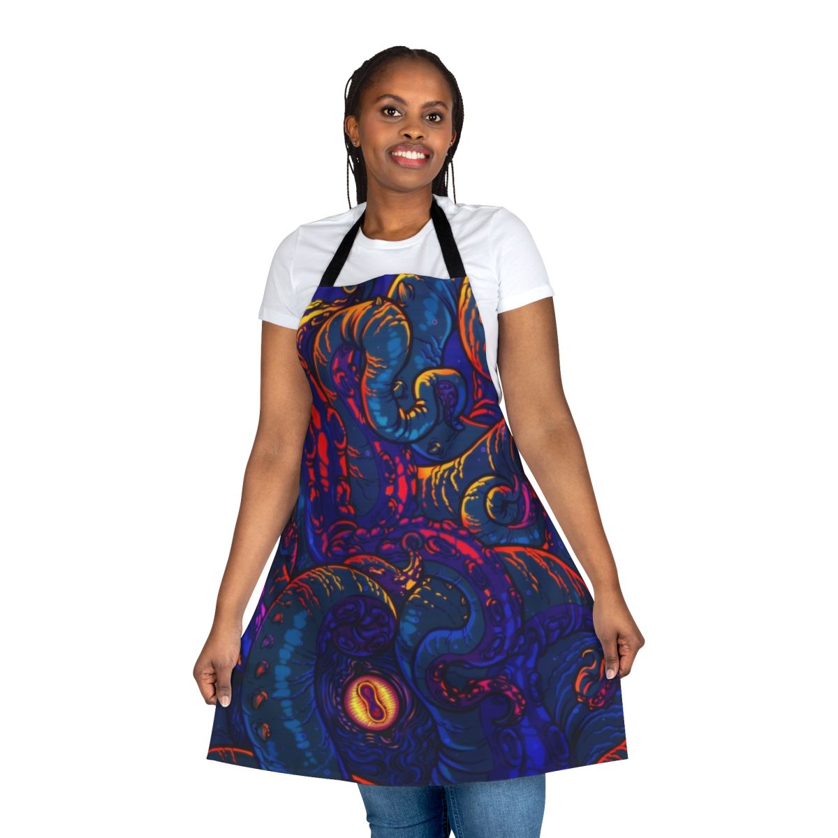 Colorful apron featuring a detailed illustration of a giant squid or kraken with tentacles