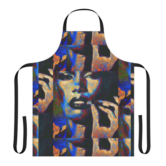 Colorful apron featuring a pop art style portrait of singer Grace Jones