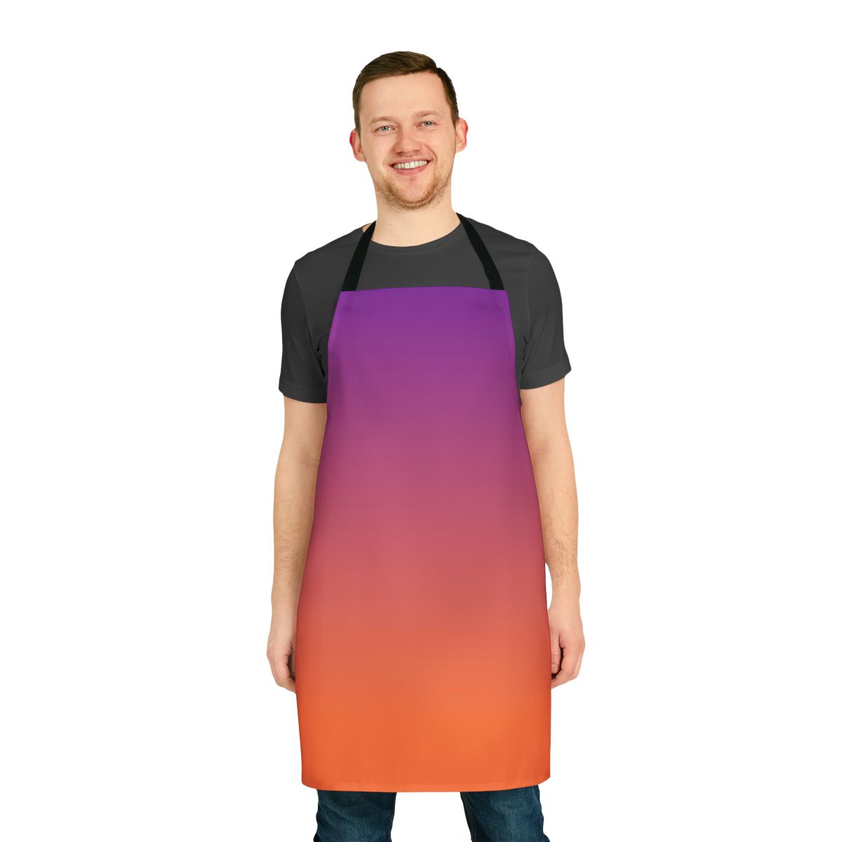 Person wearing an orange and purple gradient apron while cooking or baking in the kitchen.