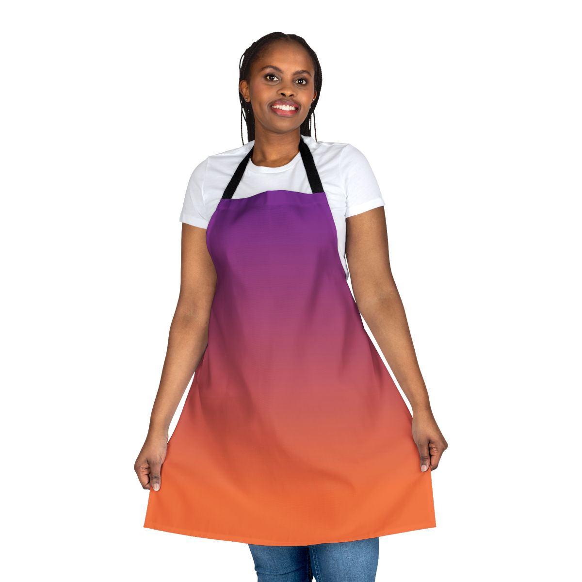 Person wearing an orange and purple gradient apron while cooking or baking in the kitchen.