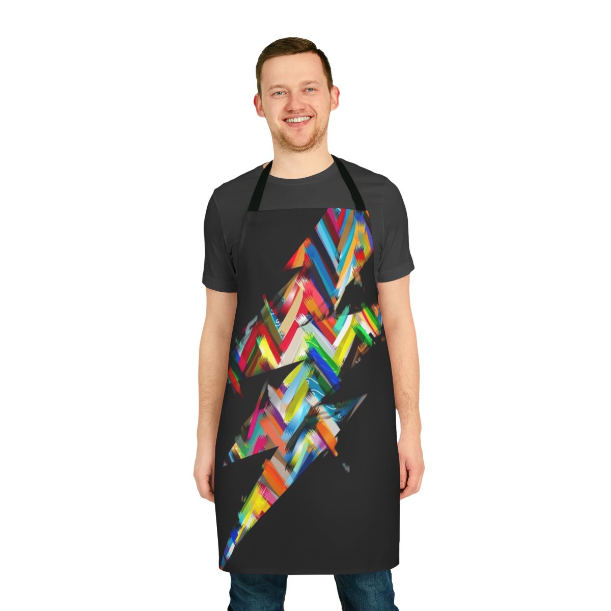Graphic lighting apron in vibrant colors including red, blue, pink, and yellow