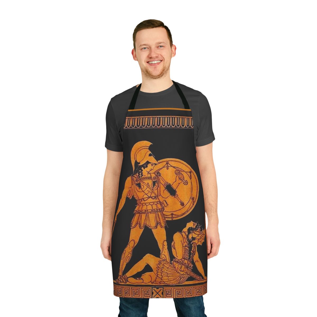 Colorful apron featuring a detailed ancient Greek frieze depicting gods, goddesses, and mythological figures.