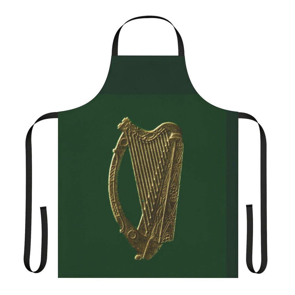Green and gold Irish celtic harp design on a high-quality apron
