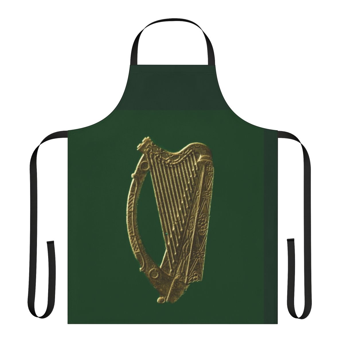 Green and gold Irish celtic harp design on a high-quality apron