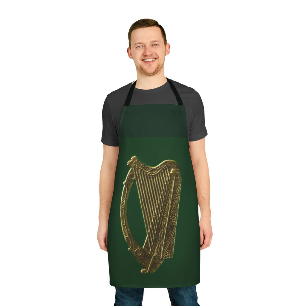 Green and gold Irish celtic harp design on a high-quality apron