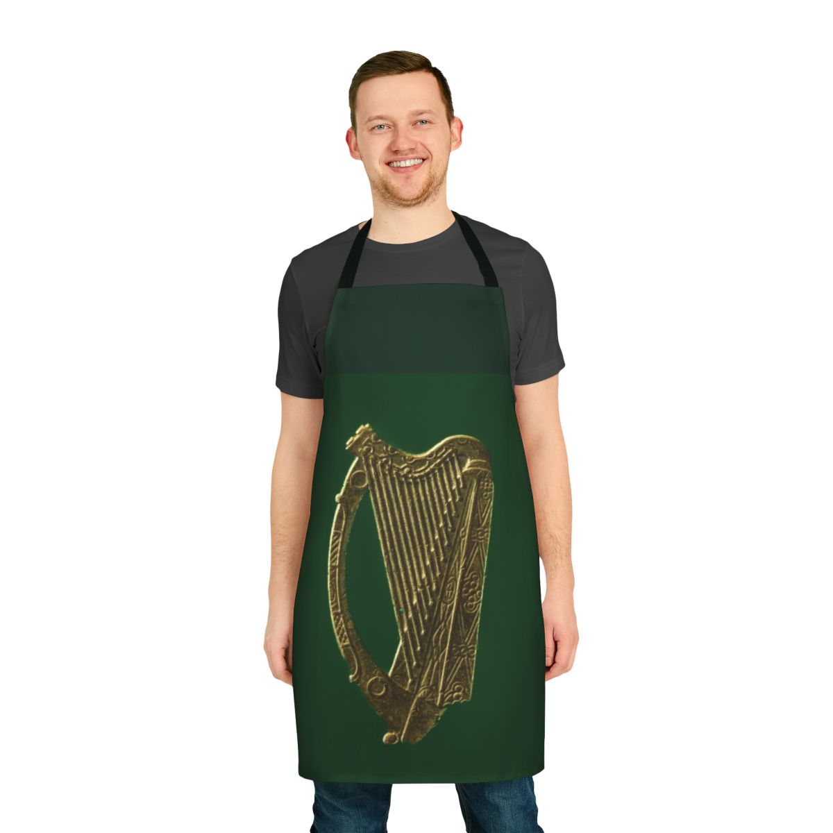 Green and gold Irish celtic harp design on a high-quality apron