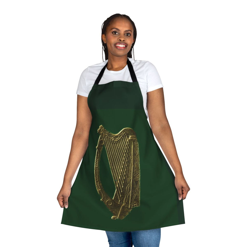 Green and gold Irish celtic harp design on a high-quality apron