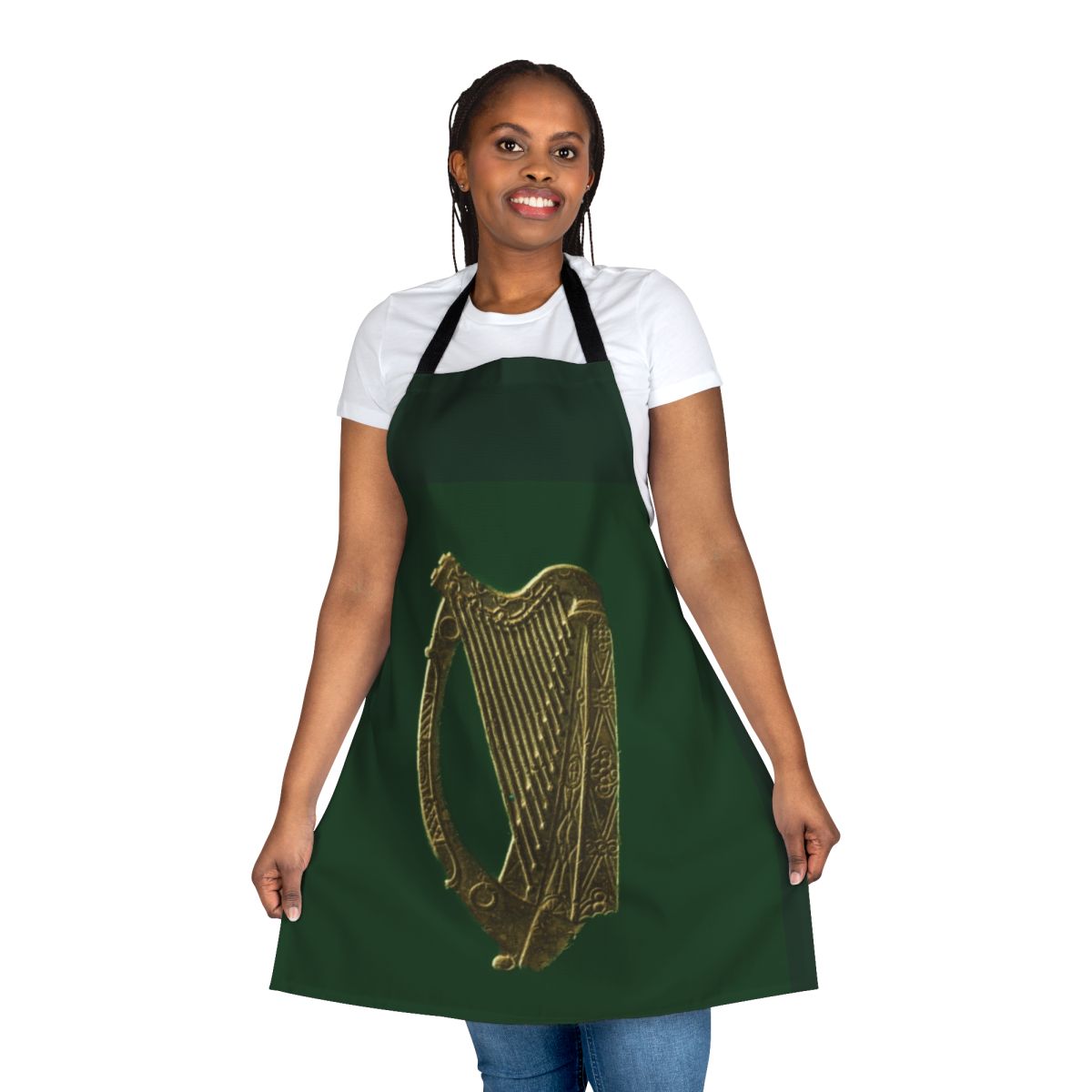 Green and gold Irish celtic harp design on a high-quality apron