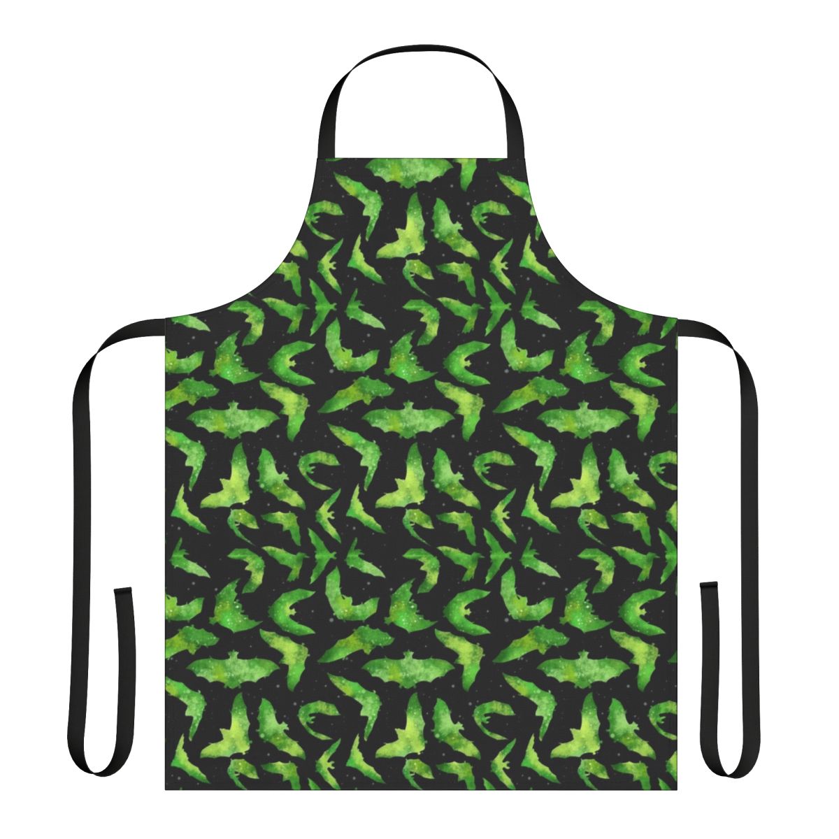 Watercolor-style illustration of bright green bats on a Halloween-themed apron
