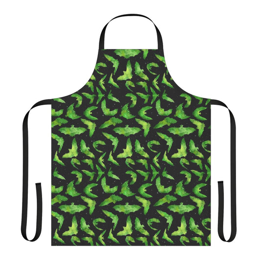 Watercolor-style illustration of bright green bats on a Halloween-themed apron