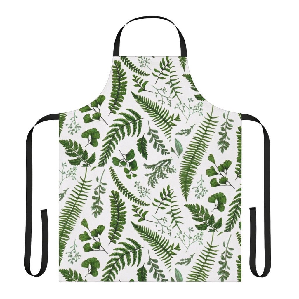 A beautiful green apron featuring a lush pattern of ferns and leaves, perfect for nature and garden lovers.