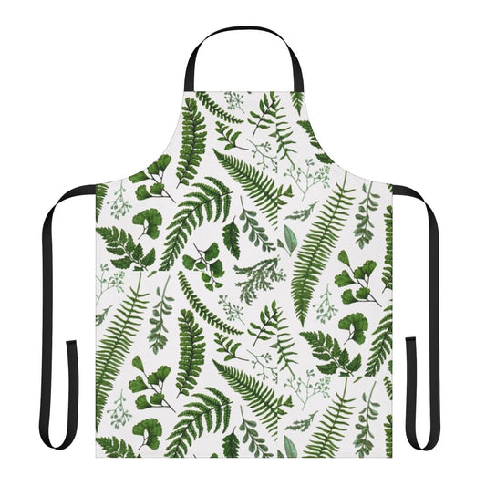 A beautiful green apron featuring a lush pattern of ferns and leaves, perfect for nature and garden lovers.