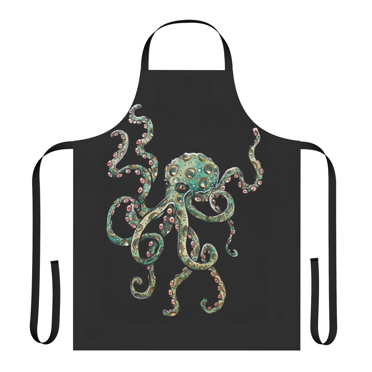 Colorful watercolor illustration of a green octopus on a high-quality apron