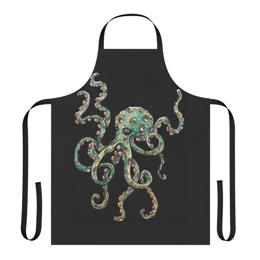 Colorful watercolor illustration of a green octopus on a high-quality apron