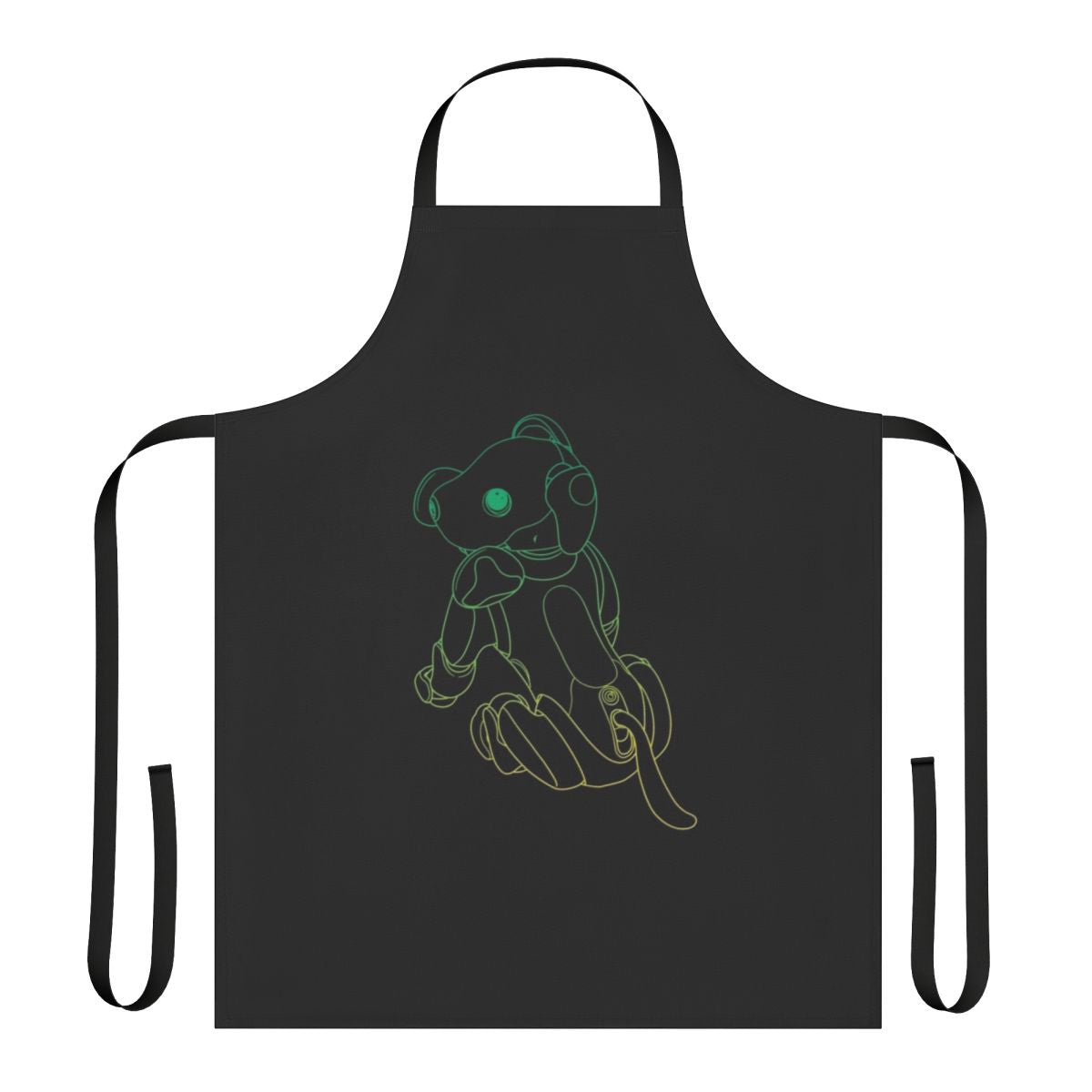 Vibrant green apron with a graphic design of a robot dog