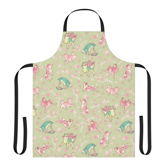 Shibainuapron with Sakura Blossom Pattern in Vibrant Green