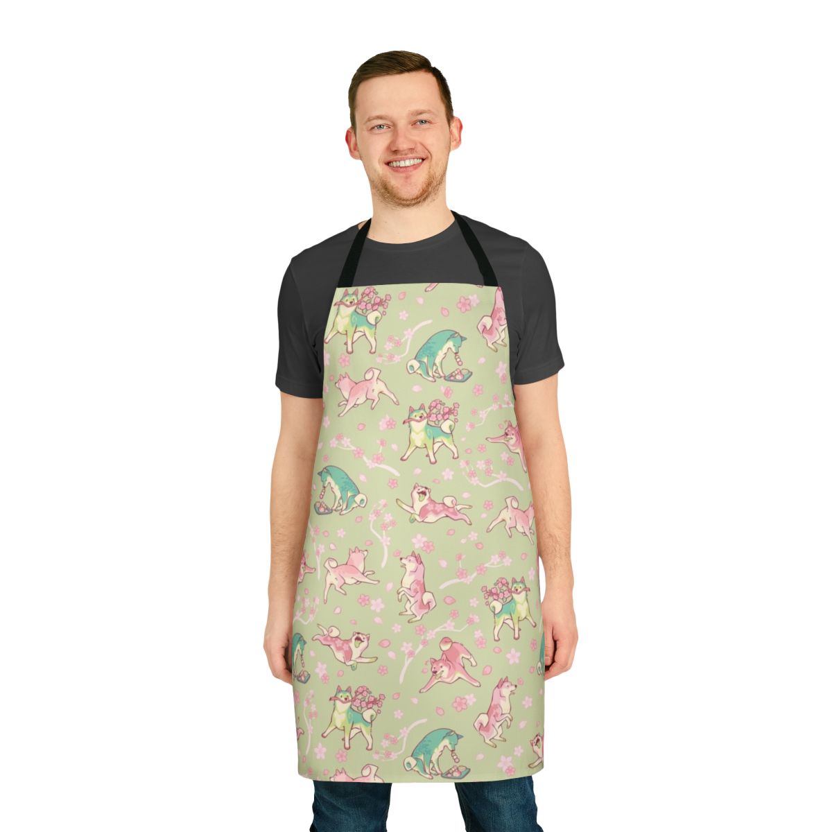 Shibainuapron with Sakura Blossom Pattern in Vibrant Green